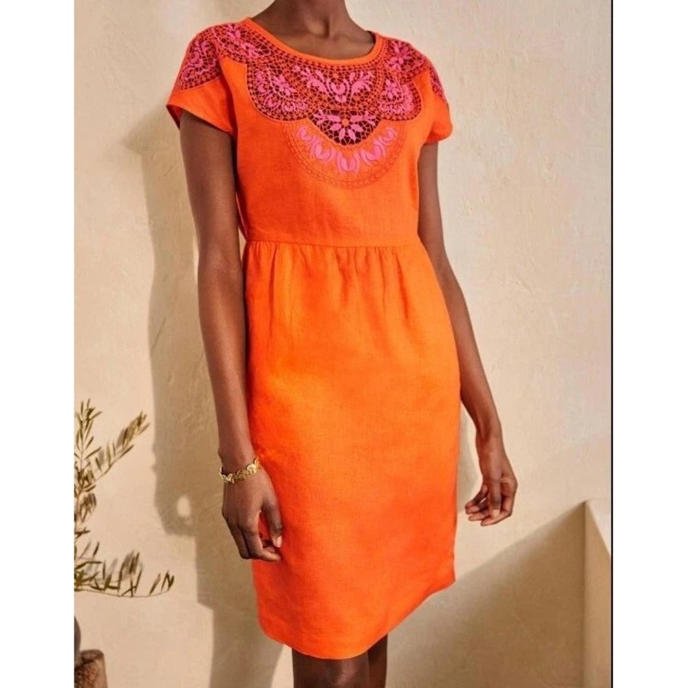 Boden Embroidered Linen Crochet Lace Shift Dress Orange Pink Womens Size 6‎ US